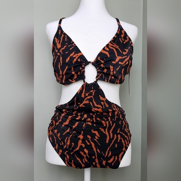 Cut Out Halter Monokini One Piece Swimsuit BLACK Animal Print XL (16-18) - Picture 2 of 5